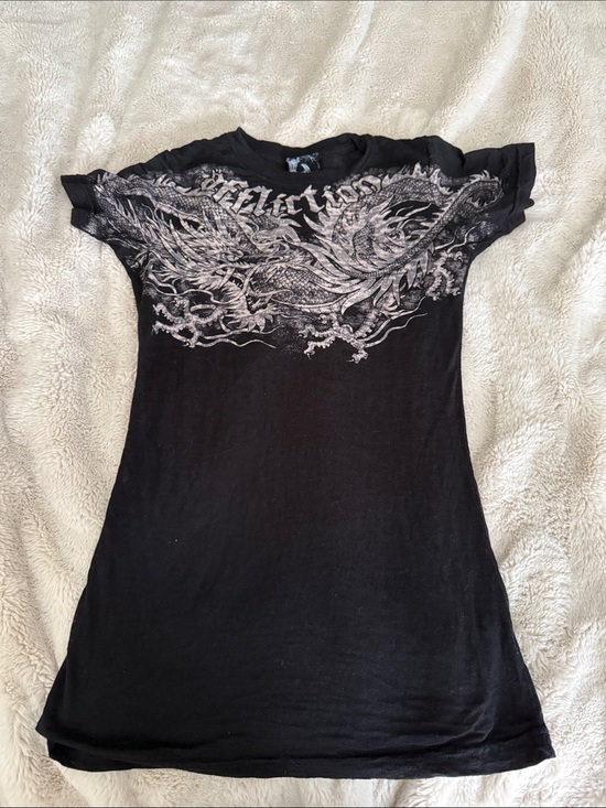 Affliction Tops - Affliction Black Women's Short Sleeve Tee with Silver Dragon Graphic